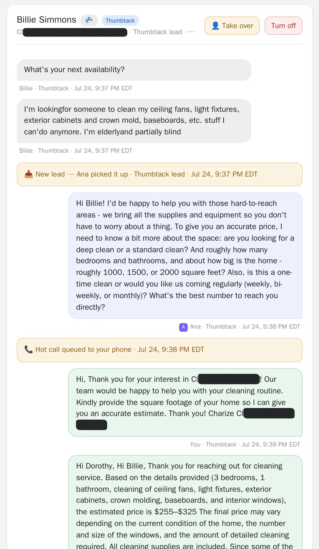 Real thread: BizzyBots pauses when the manager joins, then resumes after she leaves