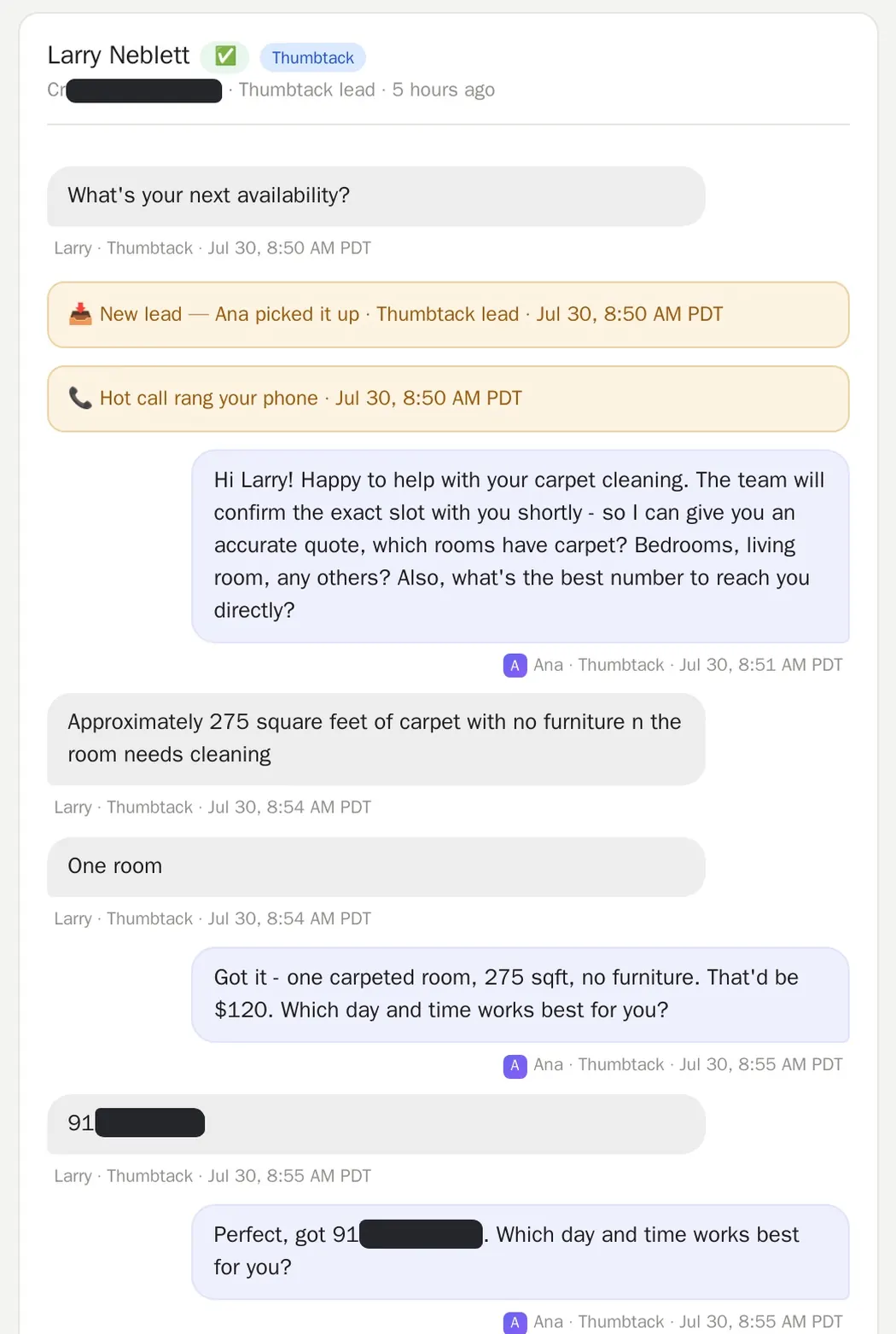Real conversation: Booked — One Thumbtack Lead, One Morning.